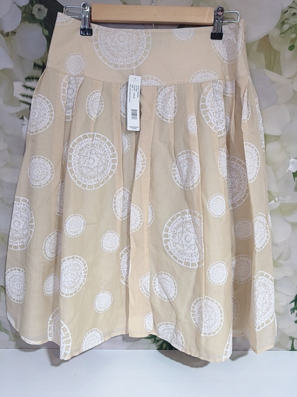 Beige A-Line Skirt with White Circle Motif